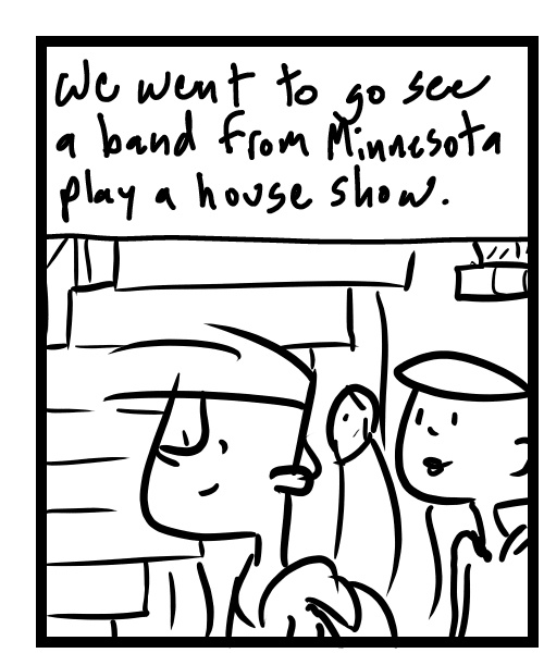 A four-panel comic about people watching a band perform at a basement house show - Panel 1