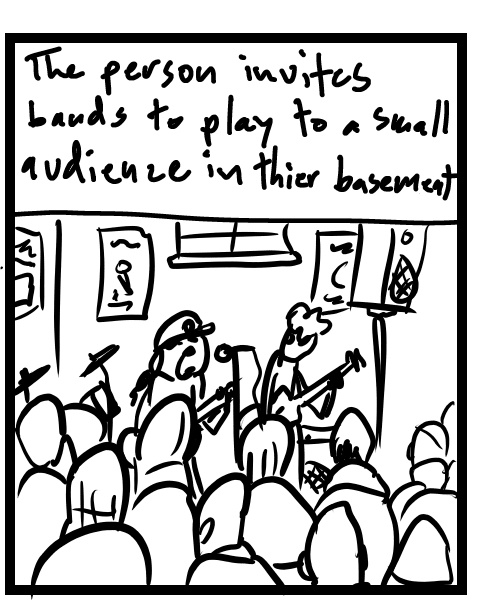 A four-panel comic about people watching a band perform at a basement house show - Panel 2