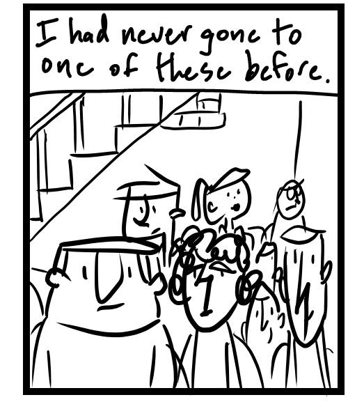 A four-panel comic about people watching a band perform at a basement house show - Panel 3