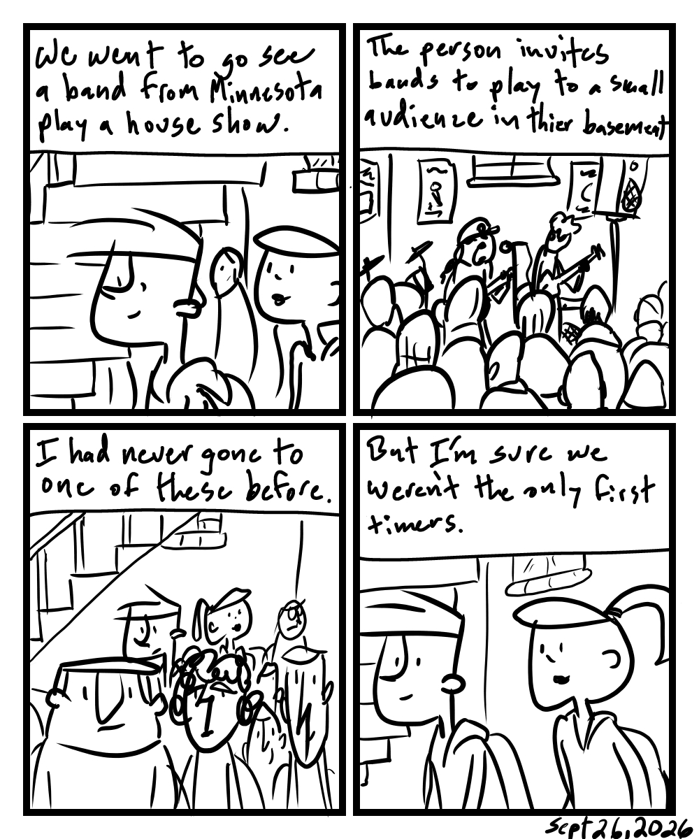 A four-panel comic about people watching a band perform at a basement house show