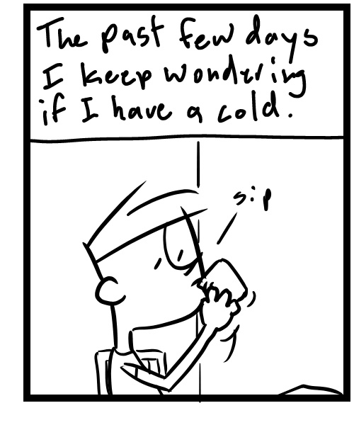 A four-panel comic about a person trying to draw but feels congested - Panel 3