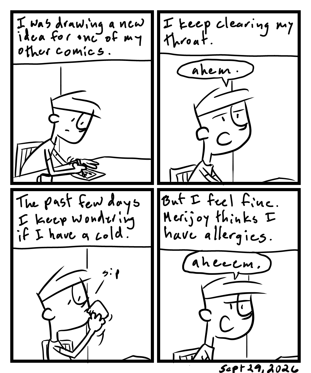 A four-panel comic about a person trying to draw but feels congested