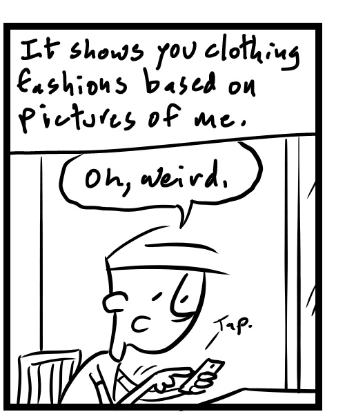 A four-panel comic about a person getting outfit suggestions from the Google photos app - Panel 2
