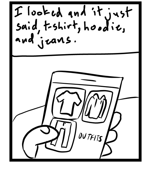 A four-panel comic about a person getting outfit suggestions from the Google photos app - Panel 3