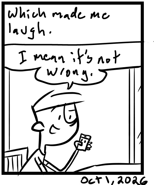 A four-panel comic about a person getting outfit suggestions from the Google photos app - Panel 4