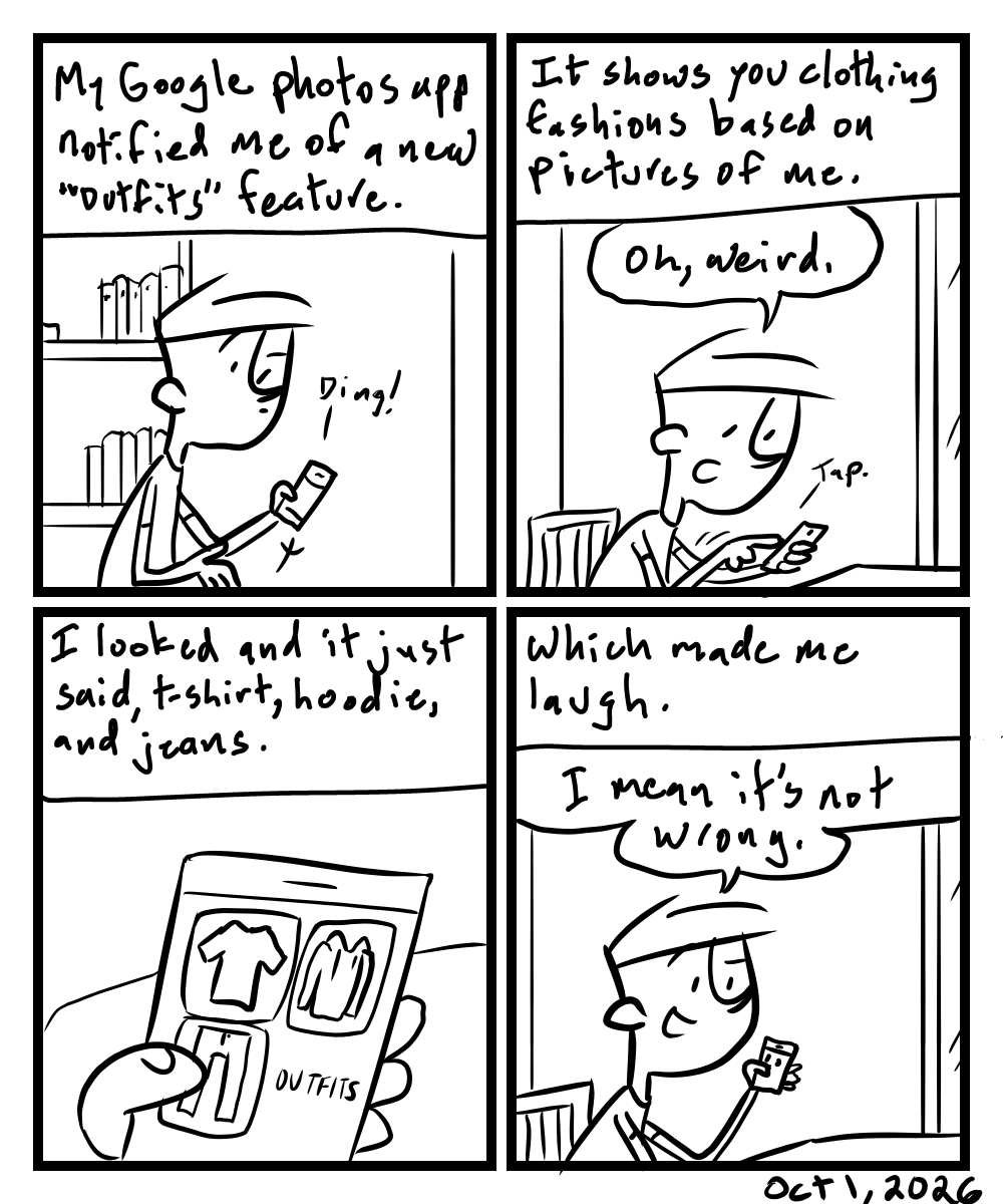 A four-panel comic about a person getting outfit suggestions from the Google photos app