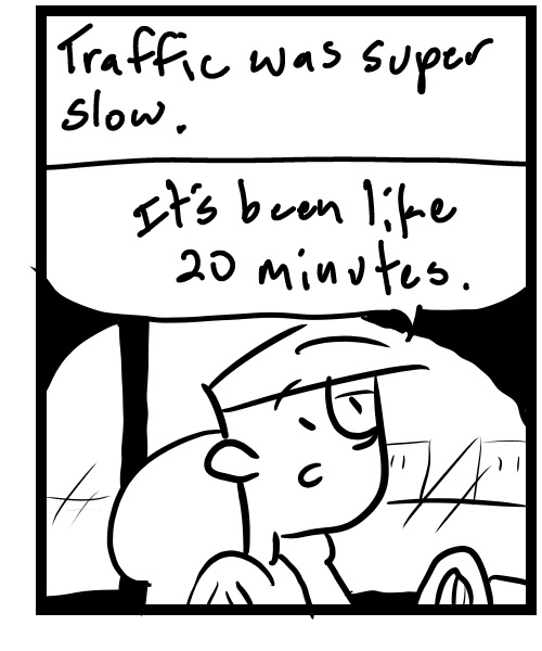A four-panel comic about a person getting stuck in traffic - Panel 3