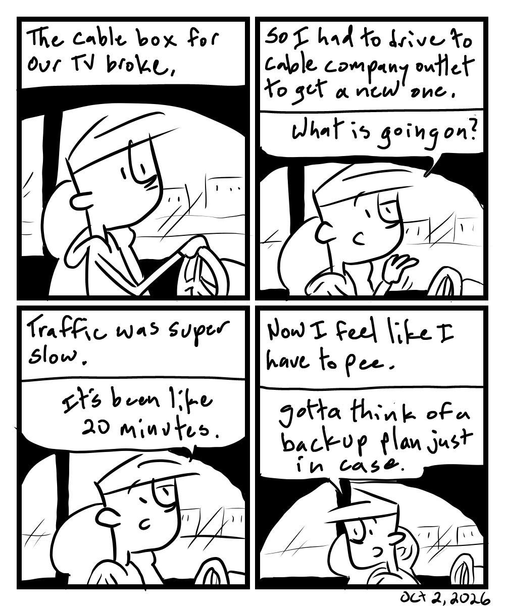 A four-panel comic about a person getting stuck in traffic