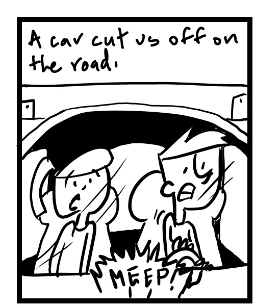 A four-panel comic about people in a car discussing the sound of the horn - Panel 1
