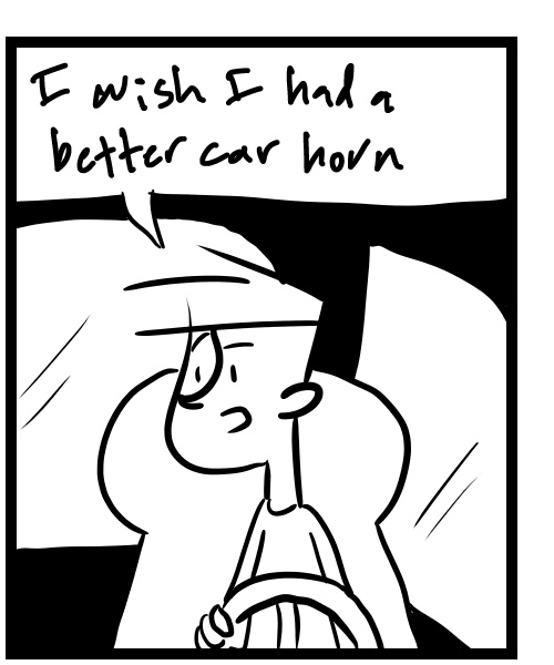 A four-panel comic about people in a car discussing the sound of the horn - Panel 2