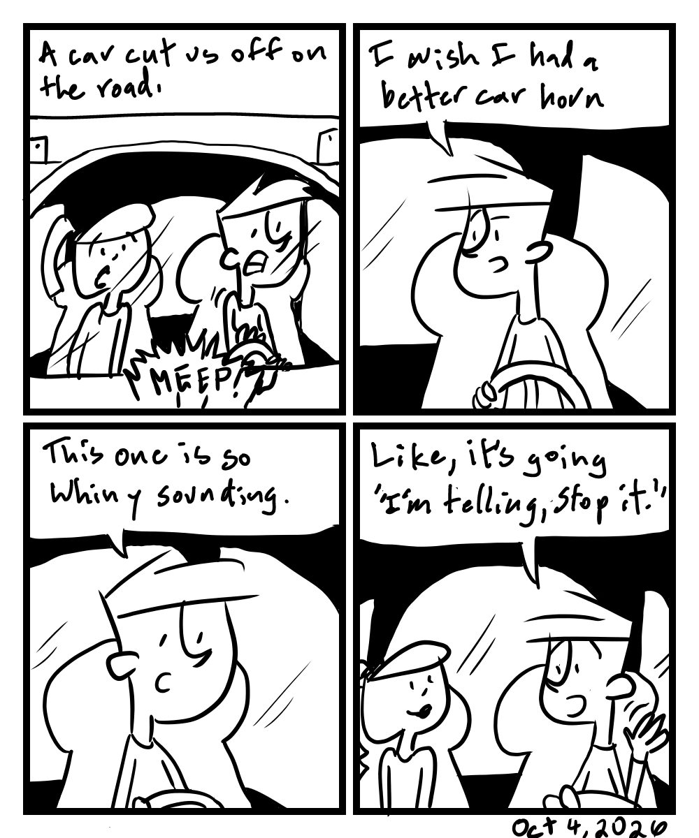 A four-panel comic about people in a car discussing the sound of the horn