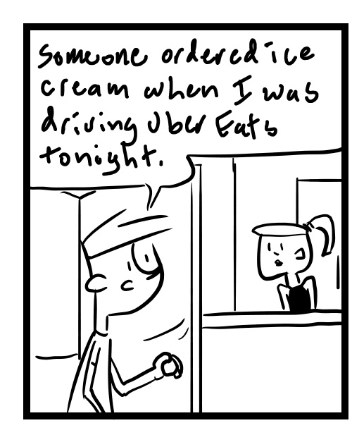 A four-panel comic about people discussing an upset Uber Eats customer - Panel 1