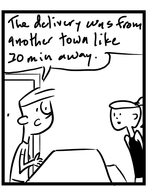 A four-panel comic about people discussing an upset Uber Eats customer - Panel 2
