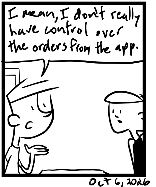 A four-panel comic about people discussing an upset Uber Eats customer - Panel 4
