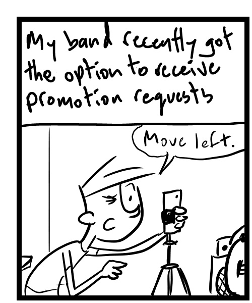 A four-panel comic about a person shooting a YouTube promo short with his band - Panel 1