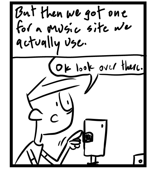 A four-panel comic about a person shooting a YouTube promo short with his band - Panel 3