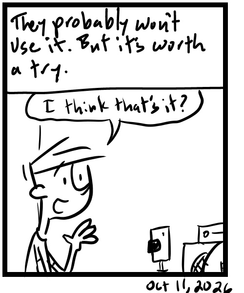 A four-panel comic about a person shooting a YouTube promo short with his band - Panel 4