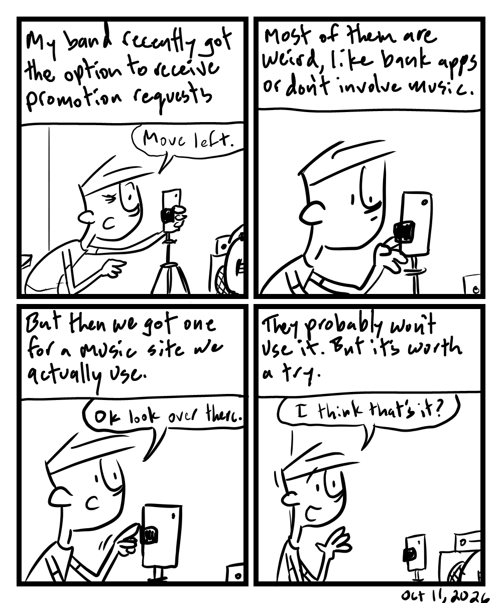 A four-panel comic about a person shooting a YouTube promo short with his band