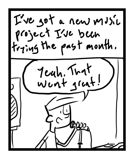 A four-panel comic about a person working on a music project with his band - Panel 1