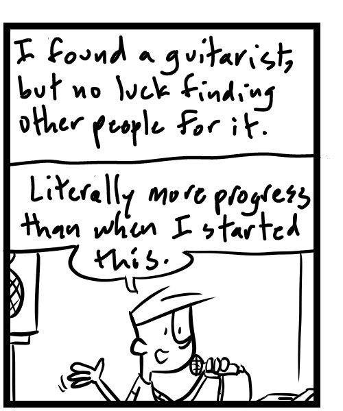 A four-panel comic about a person working on a music project with his band - Panel 2