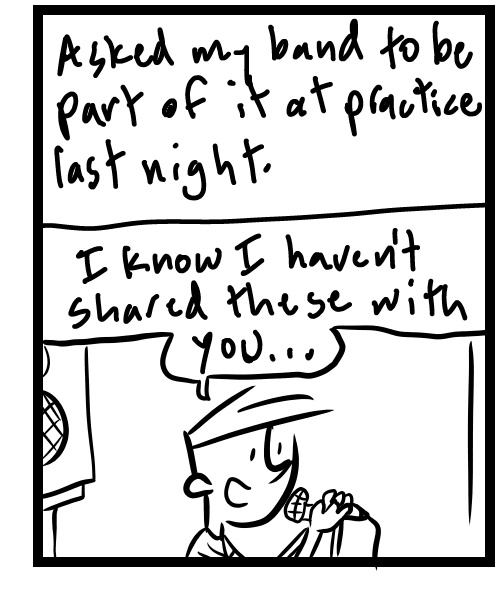 A four-panel comic about a person working on a music project with his band - Panel 3
