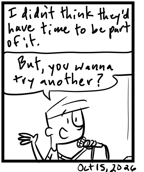 A four-panel comic about a person working on a music project with his band - Panel 4