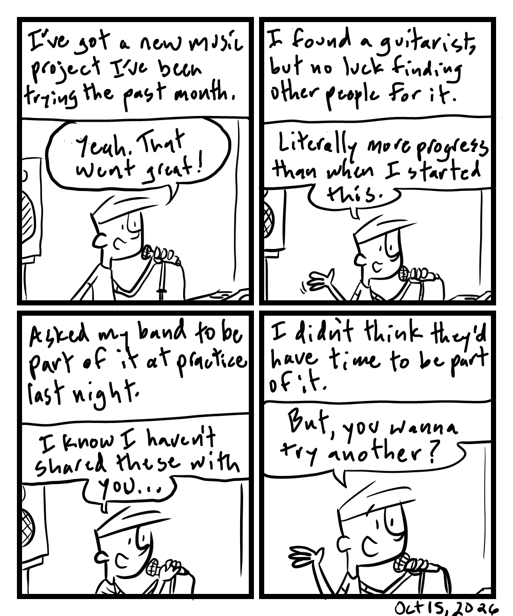 A four-panel comic about a person working on a music project with his band