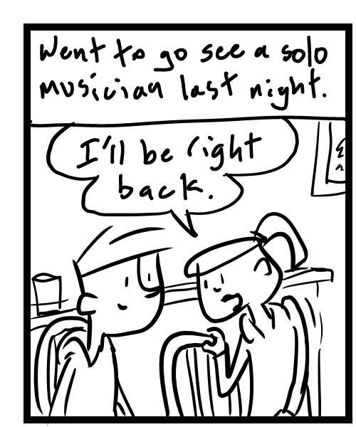 A four-panel comic about a person watching a solo musician who then farted on stage - Panel 1