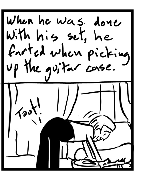 A four-panel comic about a person watching a solo musician who then farted on stage - Panel 2
