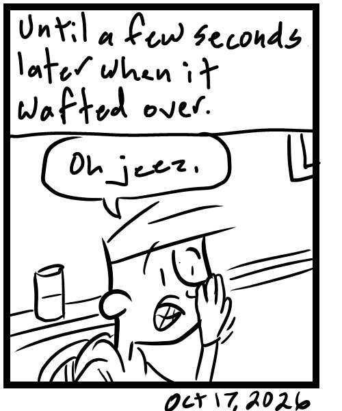 A four-panel comic about a person watching a solo musician who then farted on stage - Panel 4