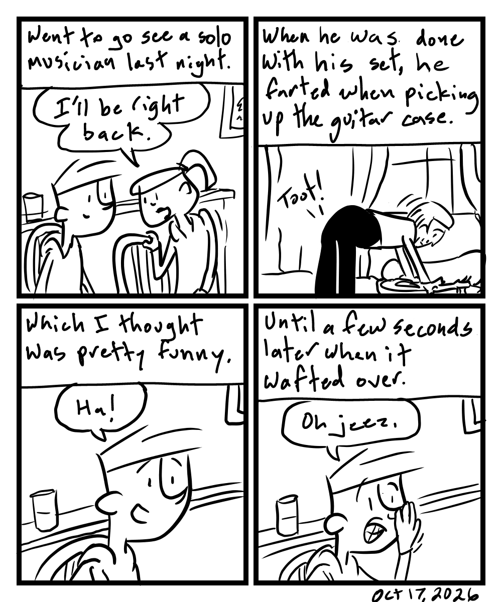 A four-panel comic about a person watching a solo musician who then farted on stage