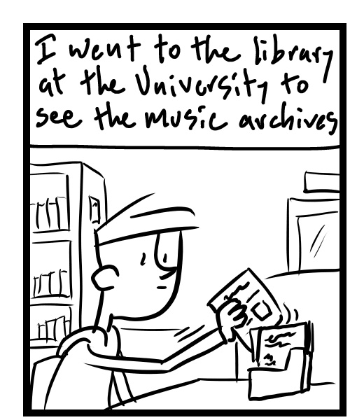A four-panel comic about a person looking through newspaper archives at the library - Panel 1