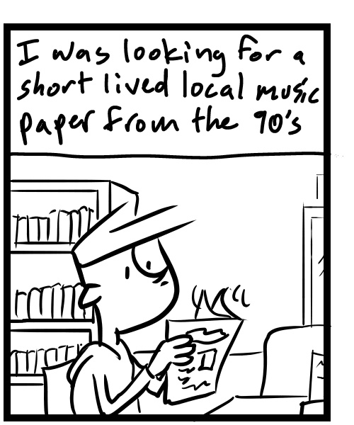 A four-panel comic about a person looking through newspaper archives at the library - Panel 2