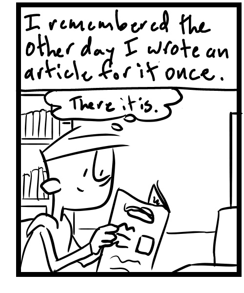 A four-panel comic about a person looking through newspaper archives at the library - Panel 3
