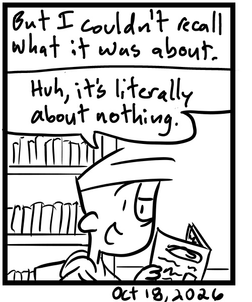 A four-panel comic about a person looking through newspaper archives at the library - Panel 4