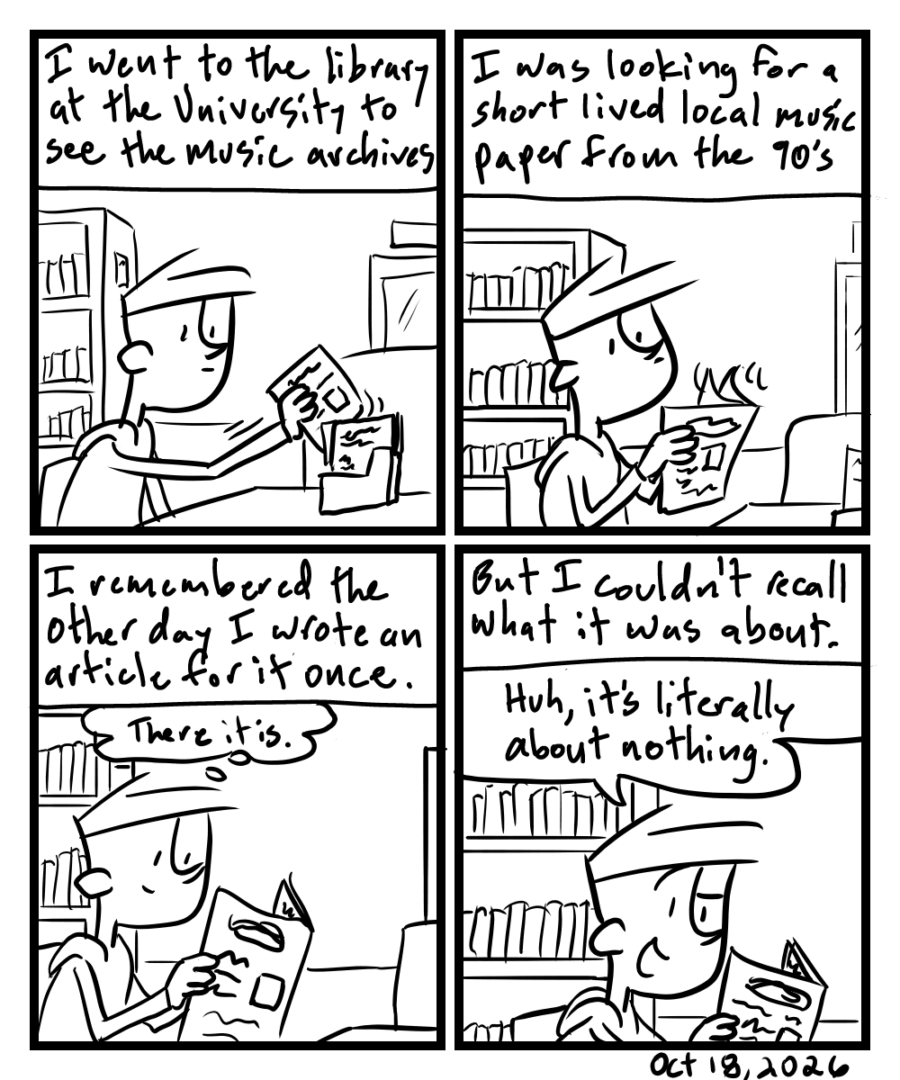 A four-panel comic about a person looking through newspaper archives at the library