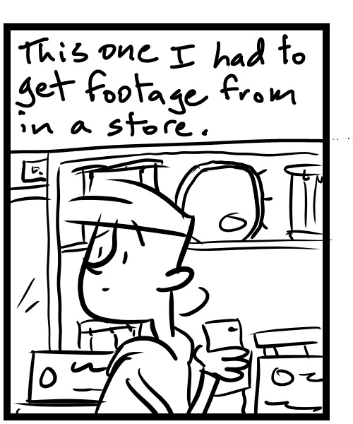 A four-panel comic about a person feeling self-conscious about shooting video in public - Panel 2