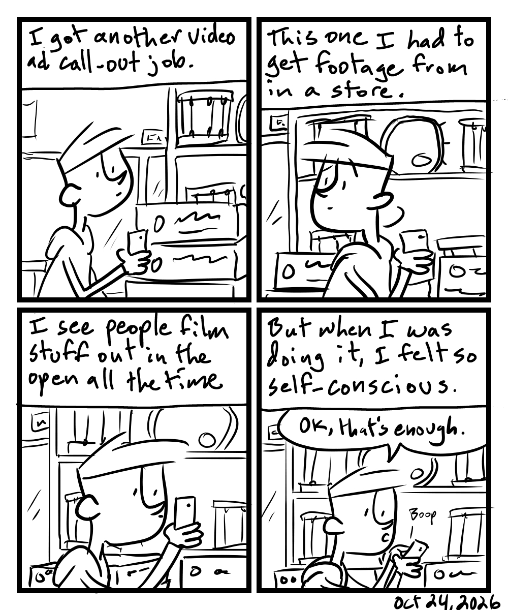A four-panel comic about a person feeling self-conscious about shooting video in public