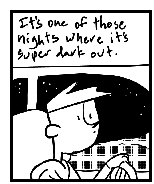A four-panel comic about a person driving on a country road and thinking he almost hit a deer - Panel 1