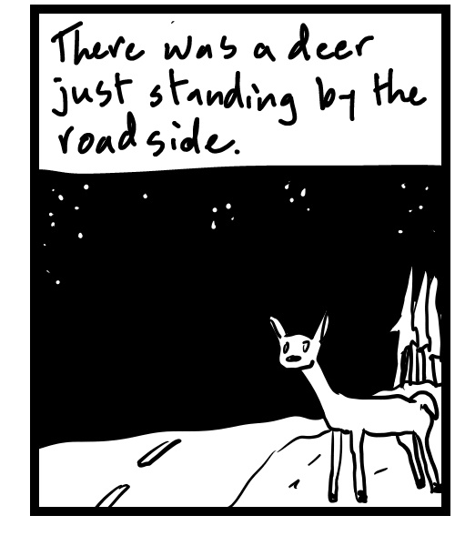 A four-panel comic about a person driving on a country road and thinking he almost hit a deer - Panel 3
