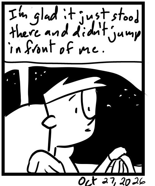 A four-panel comic about a person driving on a country road and thinking he almost hit a deer - Panel 4