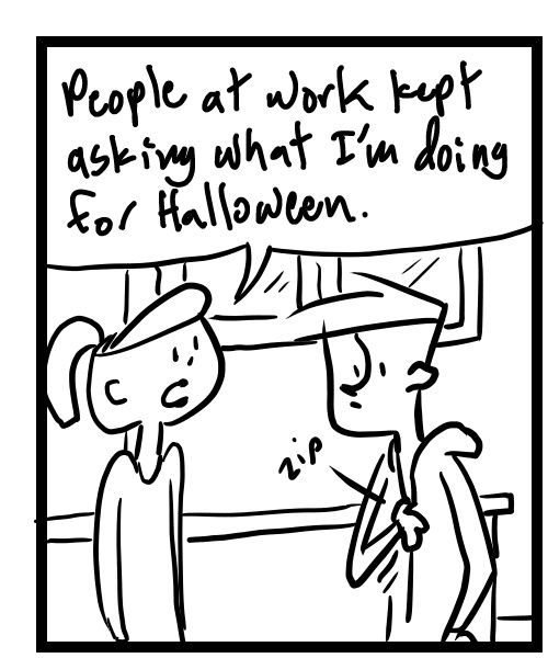 A four-panel comic about people talking, one joking that the colors he's wearing are the same as Batman if he was dressed casual - Panel 1
