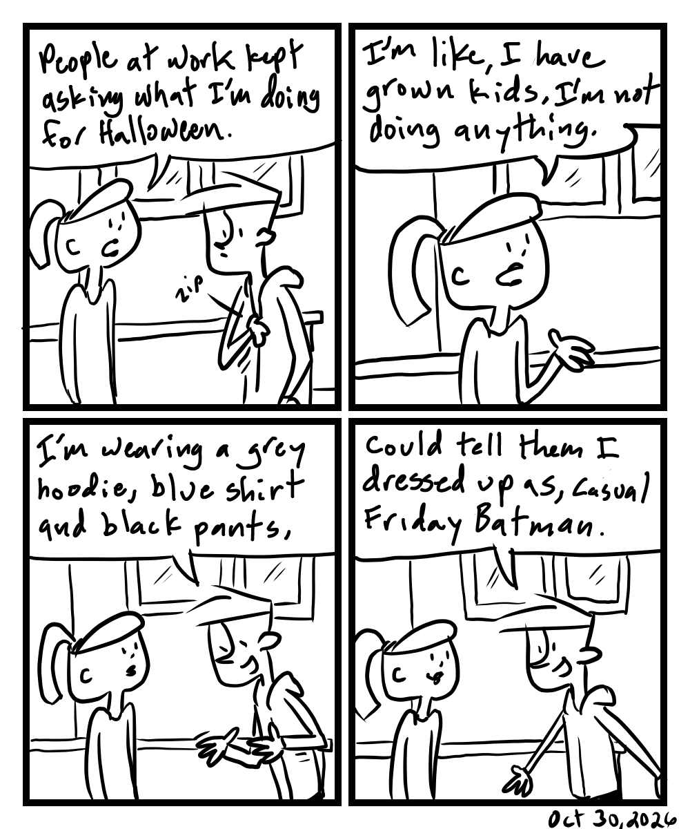 A four-panel comic about people talking, one joking that the colors he's wearing are the same as Batman if he was dressed casual